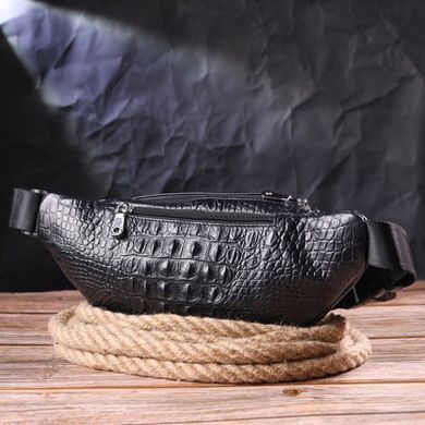 Стильна поясна сумка з натуральної шкіри з фактурою під крокодила 21297 Vintage Чорна
