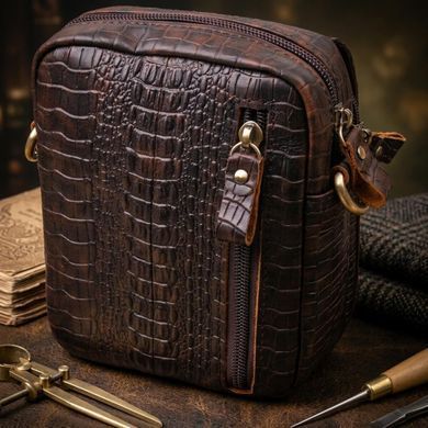 Фактурная мужская сумка из натуральной кожи с тиснением под крокодила 21300 Vintage Коричневая