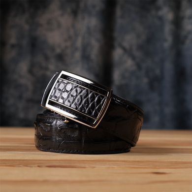 Ремень-автомат CROCODILE LEATHER 18236 из натуральной кожи крокодила (каймана) Черный